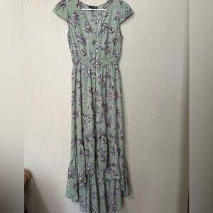 As U Wish Sage Green Floral Maxi Dress with Button Detail